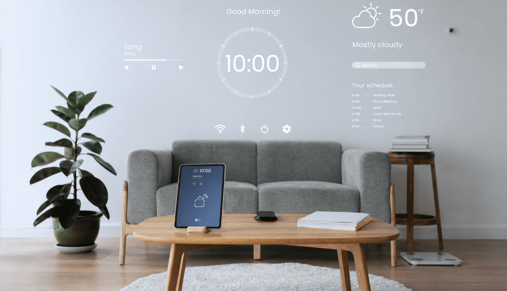 Smart thermostat installed on a living room wall